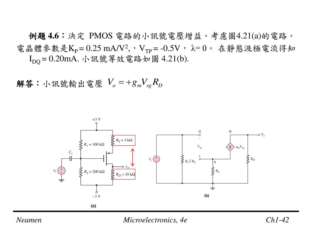 例題 4.6：決定 PMOS 電路的小訊號電壓增益。考慮圖4.21(a)的電路。