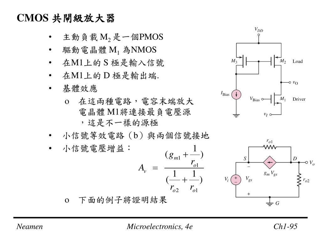 CMOS 共閘級放大器 主動負載 M2 是一個PMOS 驅動電晶體 M1 為NMOS 在M1上的 S 極是輸入信號
