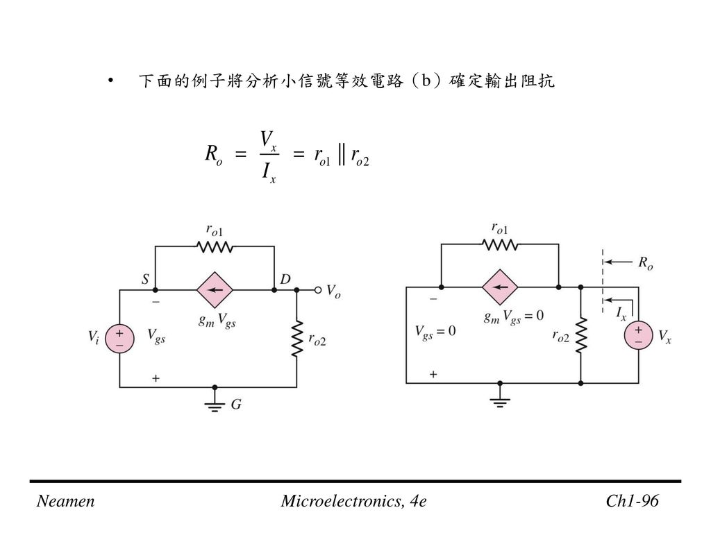 下面的例子將分析小信號等效電路（b）確定輸出阻抗