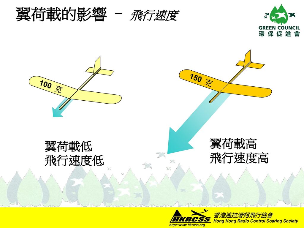 翼荷載的影響 - 飛行速度 翼荷載高 飛行速度高 150 克 翼荷載低 飛行速度低 100 克