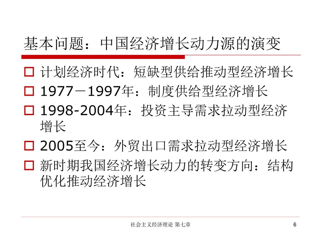 基本问题：中国经济增长动力源的演变 计划经济时代：短缺型供给推动型经济增长 1977－1997年：制度供给型经济增长