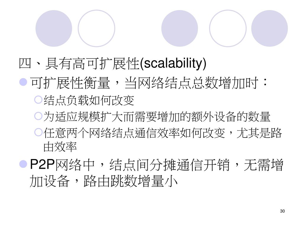 四、具有高可扩展性(scalability) 可扩展性衡量，当网络结点总数增加时：