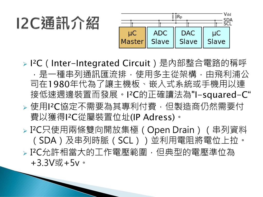 I2C通訊介紹 I²C（Inter-Integrated Circuit）是內部整合電路的稱呼 ，是一種串列通訊匯流排，使用多主從架構，由飛利浦公 司在1980年代為了讓主機板、嵌入式系統或手機用以連 接低速週邊裝置而發展。I²C的正確讀法為 I-squared-C