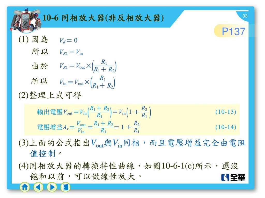 P 同相放大器(非反相放大器) (1) 因為 所以 由於 所以 (2)整理上式可得