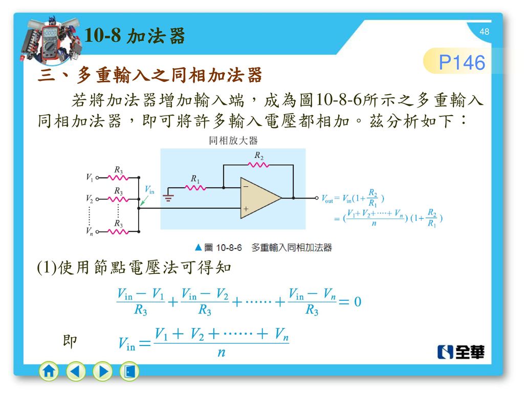 10-8 加法器 P146 三、多重輸入之同相加法器 若將加法器增加輸入端，成為圖10-8-6所示之多重輸入