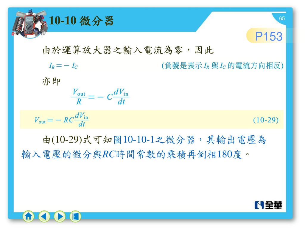 10-10 微分器 P153 由於運算放大器之輸入電流為零，因此 亦即 由(10-29)式可知圖 之微分器，其輸出電壓為
