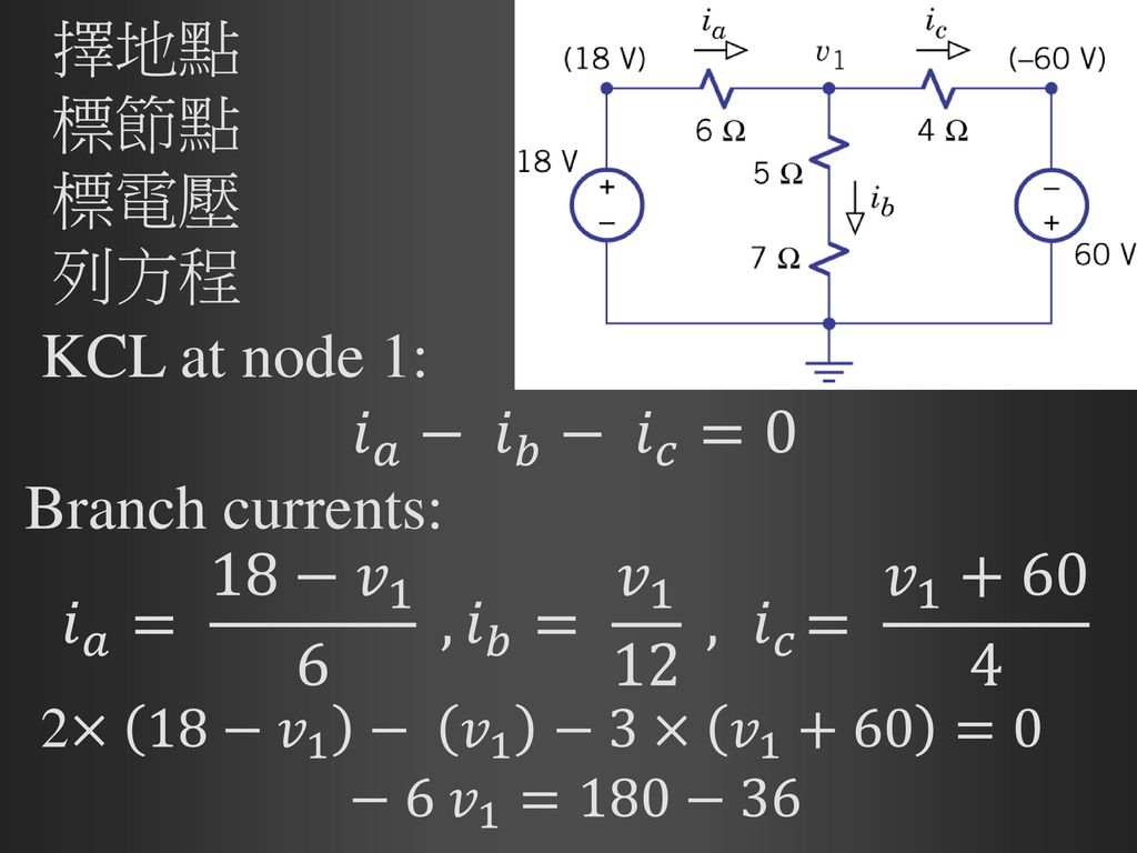 擇地點 標節點 標電壓 列方程 KCL at node 1: 𝑖 𝑎 − 𝑖 𝑏 − 𝑖 𝑐 =0 Branch currents: