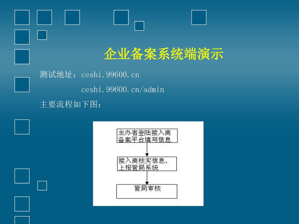 企业备案系统端演示 测试地址：ceshi cn ceshi cn/admin 主要流程如下图：