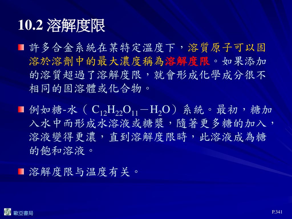 10.2 溶解度限 許多合金系統在某特定溫度下，溶質原子可以固 溶於溶劑中的最大濃度稱為溶解度限。如果添加 的溶質超過了溶解度限，就會形成化學成分很不 相同的固溶體或化合物。