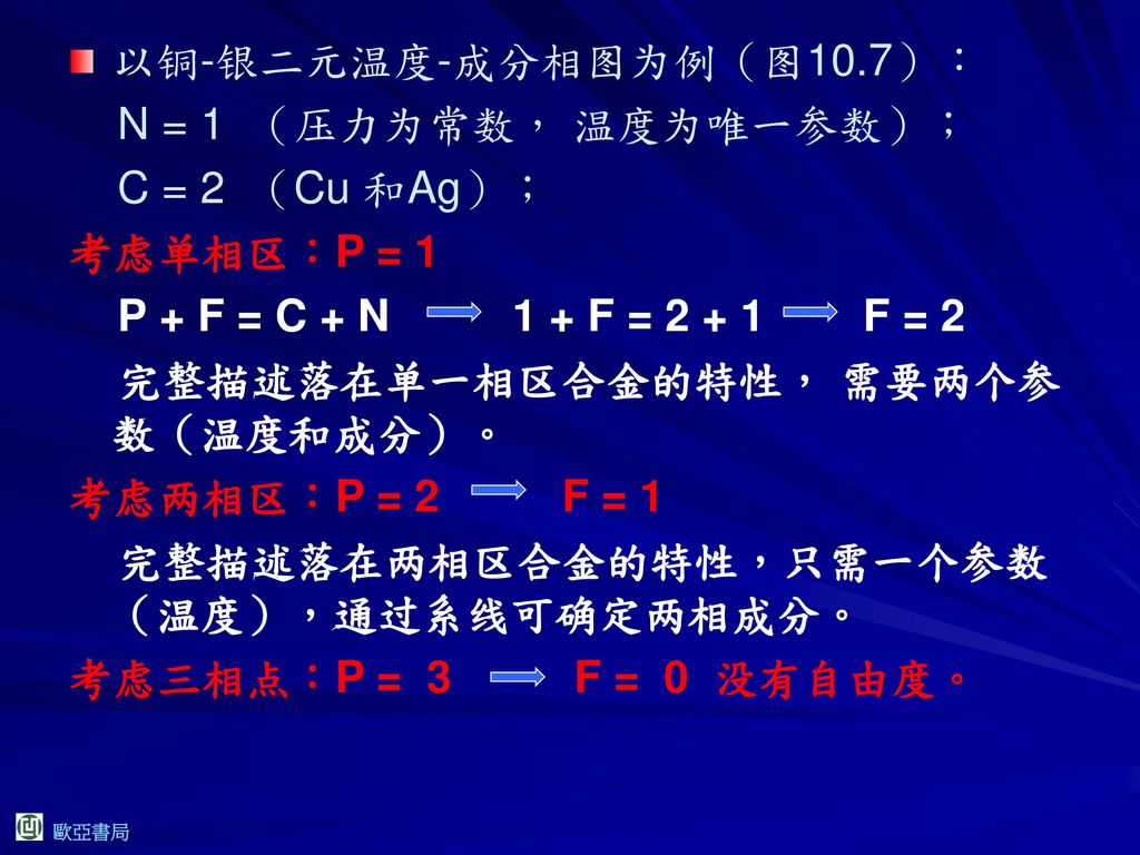 以铜-银二元温度-成分相图为例（图10.7）： N = 1 （压力为常数， 温度为唯一参数）； C = 2 （Cu 和Ag）； 考虑单相区：P = 1. P + F = C + N 1 + F = F = 2.