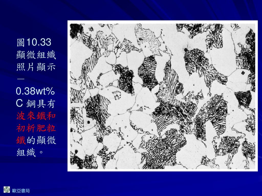 圖10.33 顯微組織照片顯示－0.38wt% C 鋼具有波來鐵和初析肥粒鐵的顯微組織。