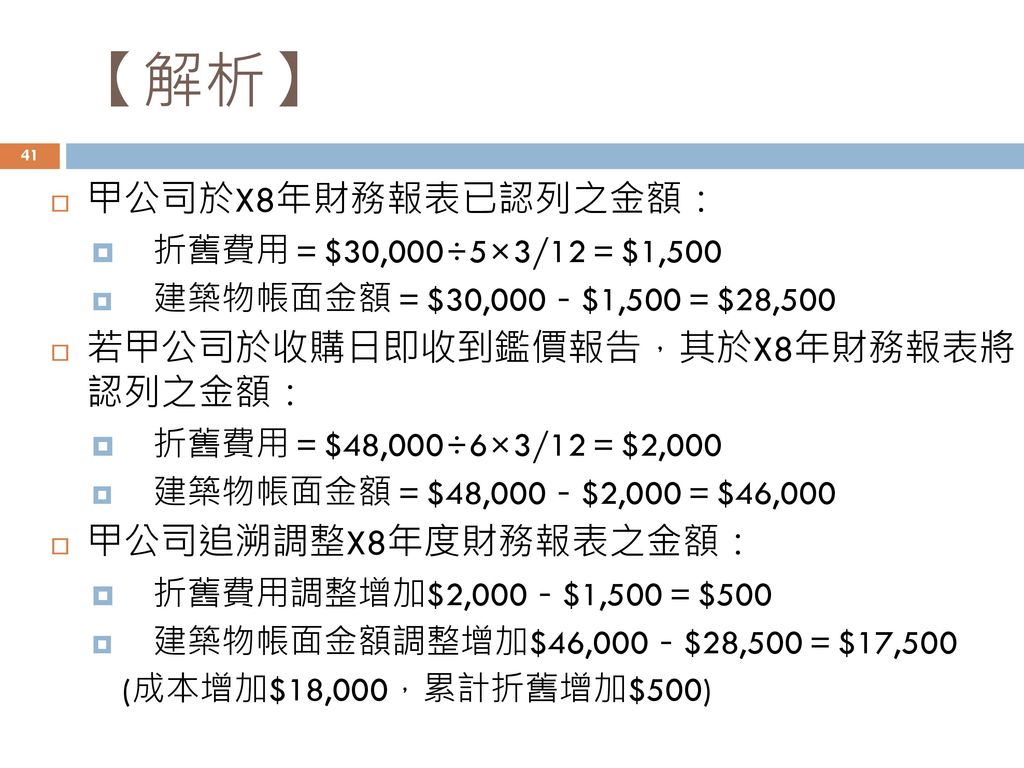 【解析】 甲公司於X8年財務報表已認列之金額： 折舊費用＝$30,000÷5×3/12＝$1,500