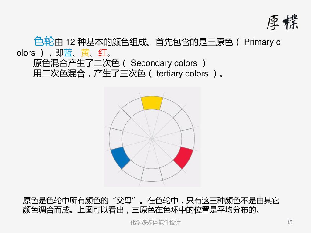 色轮由 12 种基本的颜色组成。首先包含的是三原色（ Primary colors ），即蓝、黄、红。 原色混合产生了二次色（ Secondary colors ） 用二次色混合，产生了三次色（ tertiary colors ）。