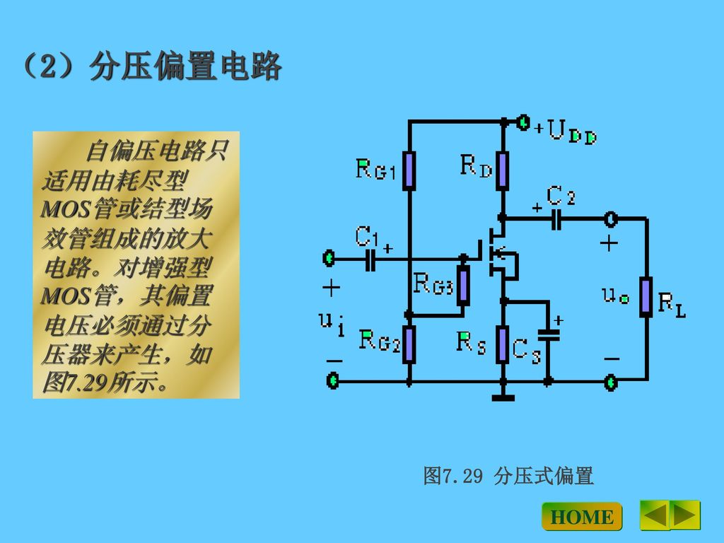 （2）分压偏置电路 自偏压电路只适用由耗尽型MOS管或结型场效管组成的放大电路。对增强型MOS管，其偏置电压必须通过分压器来产生，如图7.29所示。 图7.29 分压式偏置 HOME