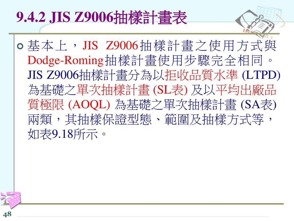 9.4.2 JIS Z9006抽樣計畫表