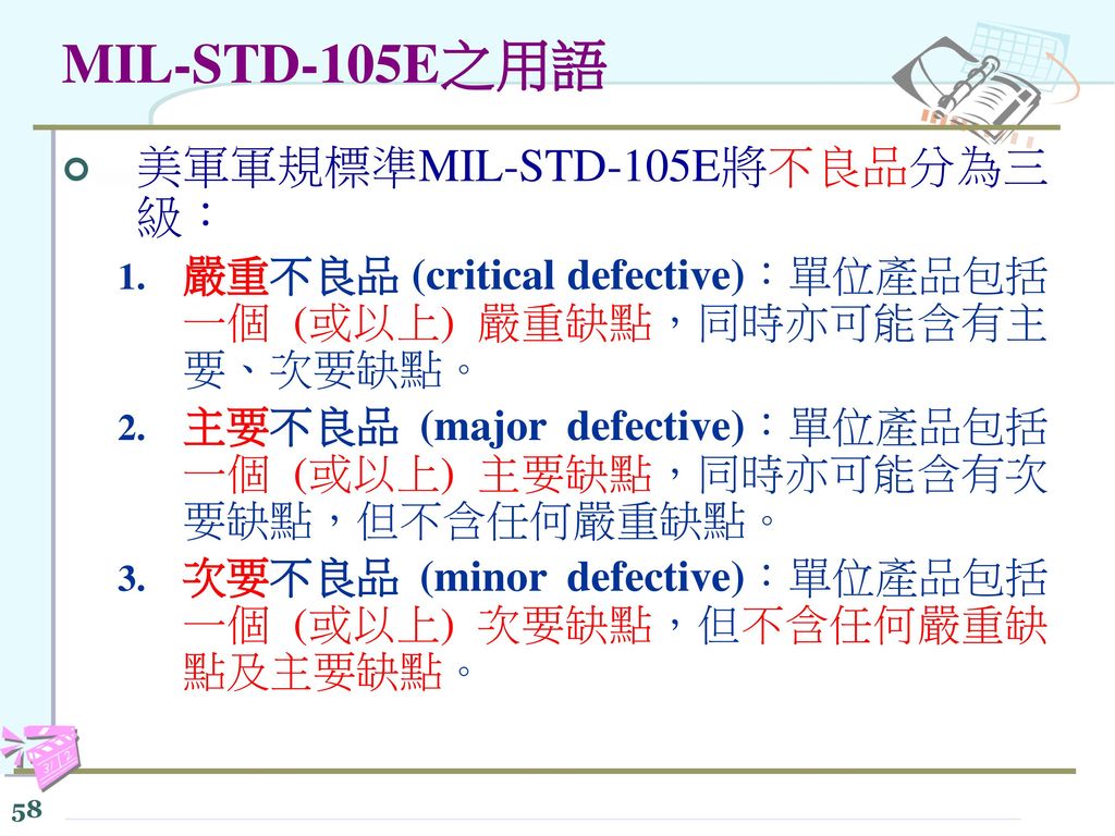 MIL-STD-105E之用語 美軍軍規標準MIL-STD-105E將不良品分為三級：