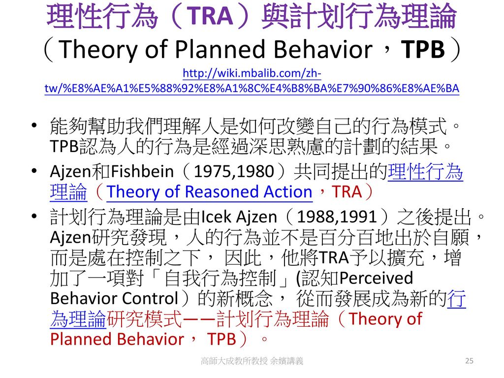 理性行為（TRA）與計划行為理論（Theory of Planned Behavior，TPB）  mbalib