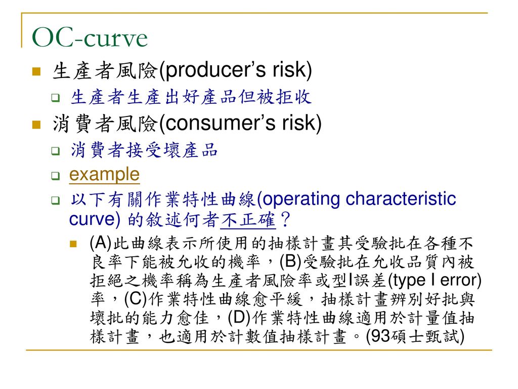OC-curve 生產者風險(producer’s risk) 消費者風險(consumer’s risk) 生產者生產出好產品但被拒收