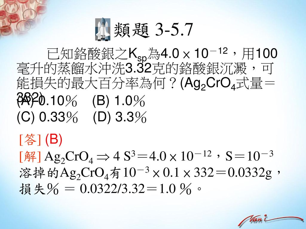類題 已知鉻酸銀之Ksp為4.0 × 10－12，用100毫升的蒸餾水沖洗3.32克的鉻酸銀沉澱，可能損失的最大百分率為何？(Ag2CrO4式量＝332) (A) 0.10％ (B) 1.0％