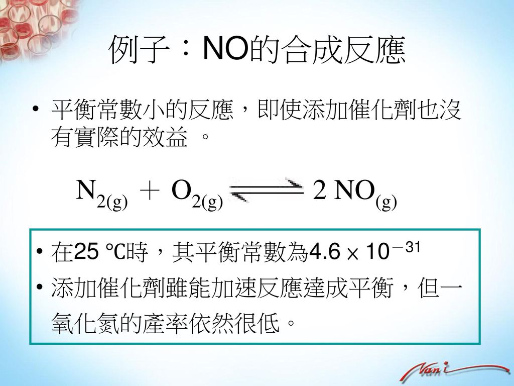 例子：NO的合成反應 N2(g) ＋ O2(g) 2 NO(g) 平衡常數小的反應，即使添加催化劑也沒有實際的效益 。
