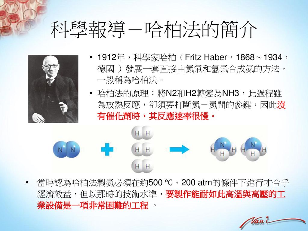 科學報導－哈柏法的簡介 1912年，科學家哈柏（Fritz Haber，1868～1934，德國 ）發展一套直接由氮氣和氫氣合成氨的方法，一般稱為哈柏法。 哈柏法的原理：將N2和H2轉變為NH3，此過程雖為放熱反應，卻須要打斷氮－氮間的參鍵，因此沒有催化劑時，其反應速率很慢。