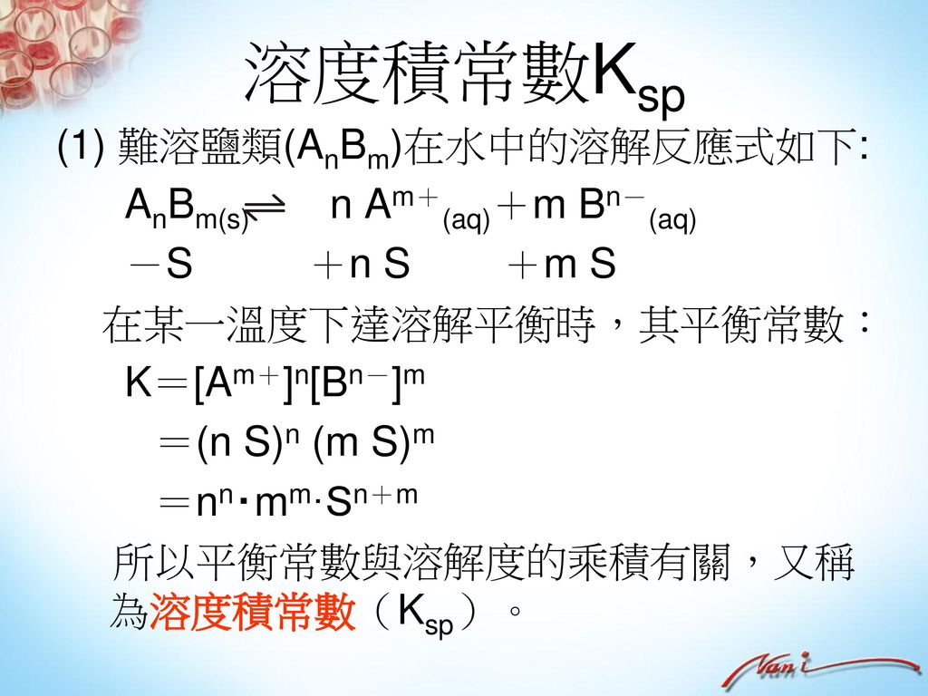 溶度積常數Ksp (1) 難溶鹽類(AnBm)在水中的溶解反應式如下: AnBm(s) n Am＋(aq)＋m Bn－(aq)