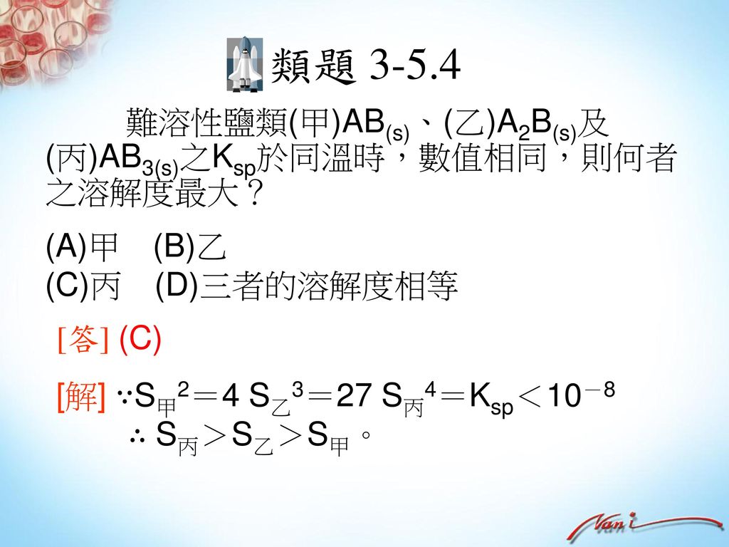 類題 難溶性鹽類(甲)AB(s)、(乙)A2B(s)及(丙)AB3(s)之Ksp於同溫時，數值相同，則何者之溶解度最大？
