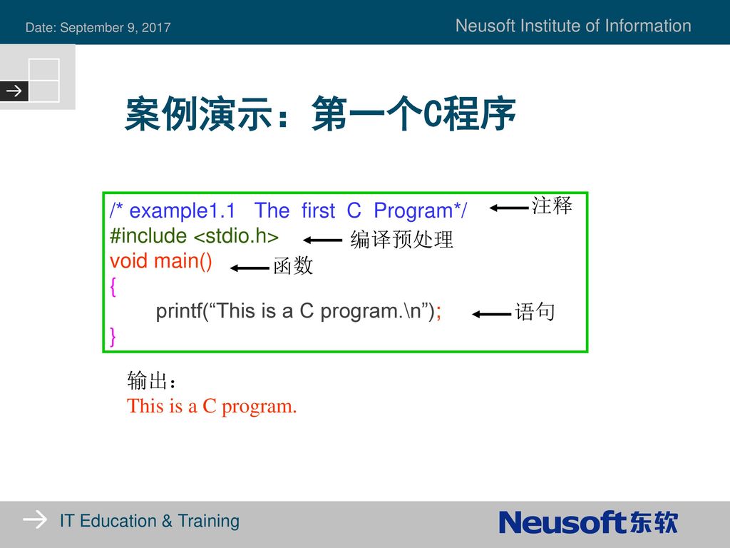 案例演示：第一个C程序 注释 /* example1.1 The first C Program*/