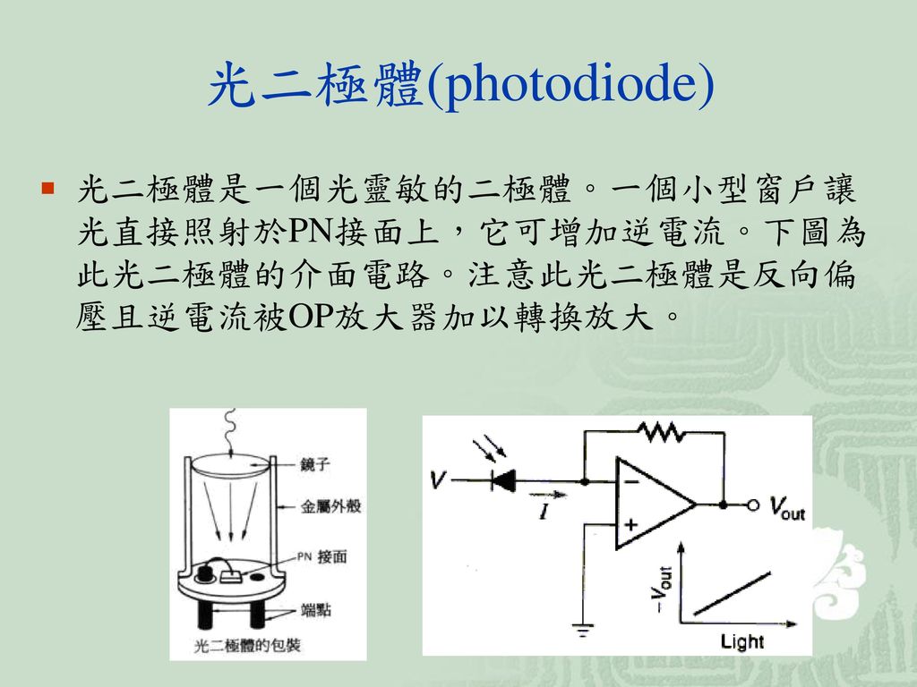 光二極體(photodiode) 光二極體是一個光靈敏的二極體。一個小型窗戶讓光直接照射於PN接面上，它可增加逆電流。下圖為此光二極體的介面電路。注意此光二極體是反向偏壓且逆電流被OP放大器加以轉換放大。