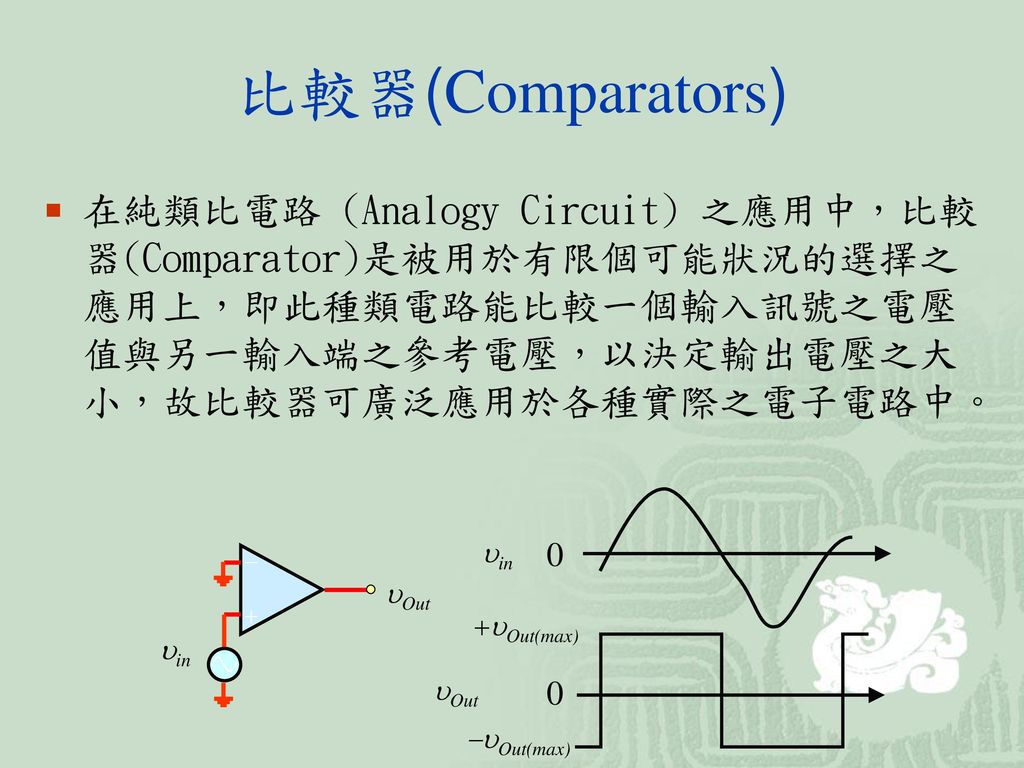 比較器(Comparators) 在純類比電路 (Analogy Circuit) 之應用中，比較器(Comparator)是被用於有限個可能狀況的選擇之應用上，即此種類電路能比較一個輸入訊號之電壓值與另一輸入端之參考電壓，以決定輸出電壓之大小，故比較器可廣泛應用於各種實際之電子電路中。