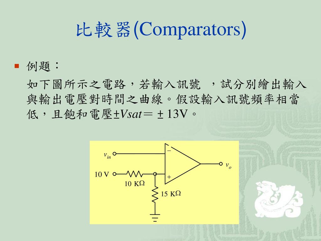 比較器(Comparators) 例題： 如下圖所示之電路，若輸入訊號 ，試分別繪出輸入與輸出電壓對時間之曲線。假設輸入訊號頻率相當低，且飽和電壓±Vsat＝ ± 13V。 v. o. in.