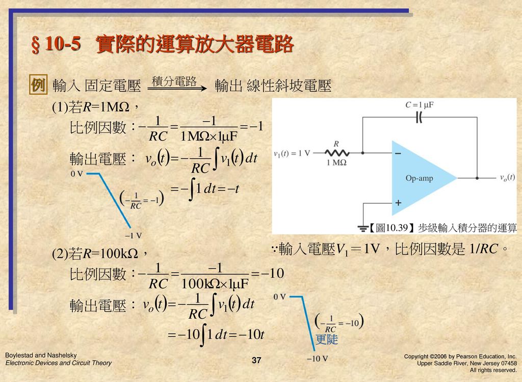 § 10-5 實際的運算放大器電路 例 輸入 固定電壓 積分電路 輸出 線性斜坡電壓 (1)若R=1MΩ， 比例因數： 輸出電壓：