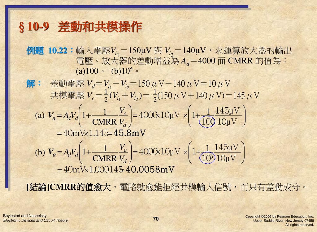 § 10-9 差動和共模操作 例題 10.22：輸入電壓Vi1＝150μV 與 Vi2＝140μV，求運算放大器的輸出