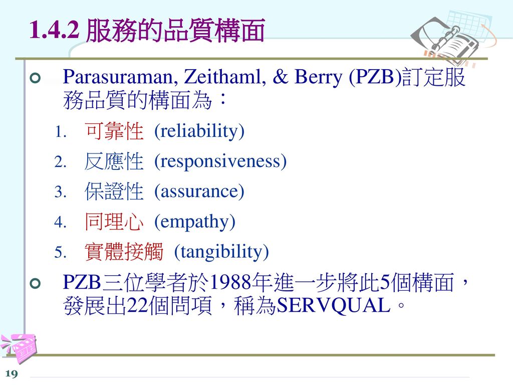1.4.2 服務的品質構面 Parasuraman, Zeithaml, & Berry (PZB)訂定服 務品質的構面為：