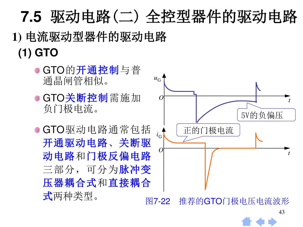 7.5 驱动电路(二) 全控型器件的驱动电路 1) 电流驱动型器件的驱动电路 (1) GTO GTO的开通控制与普通晶闸管相似。