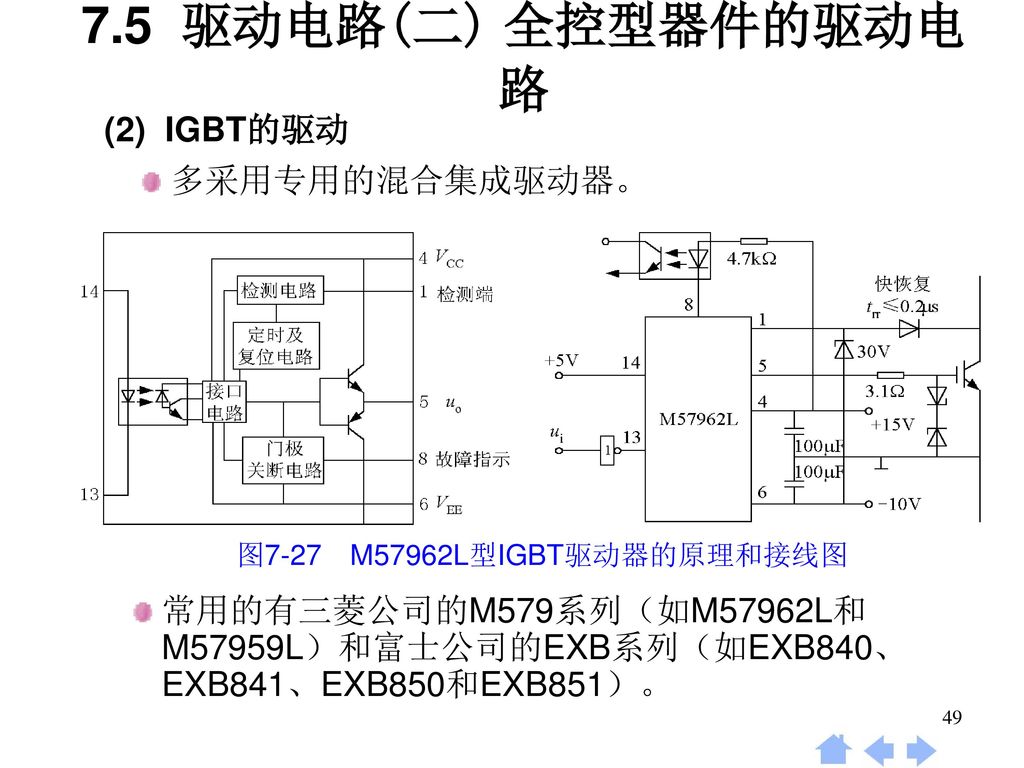 7.5 驱动电路(二) 全控型器件的驱动电路 (2) IGBT的驱动 多采用专用的混合集成驱动器。