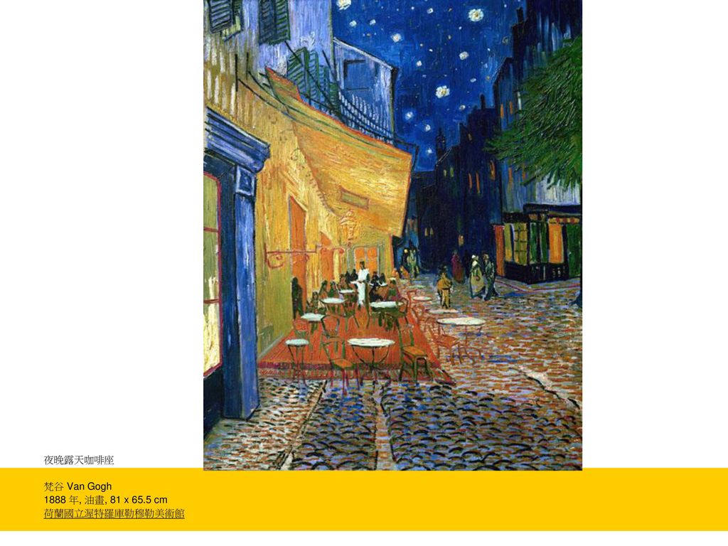 夜晚露天咖啡座 梵谷 Van Gogh 1888 年, 油畫, 81 x 65.5 cm 荷蘭國立渥特羅庫勒穆勒美術館