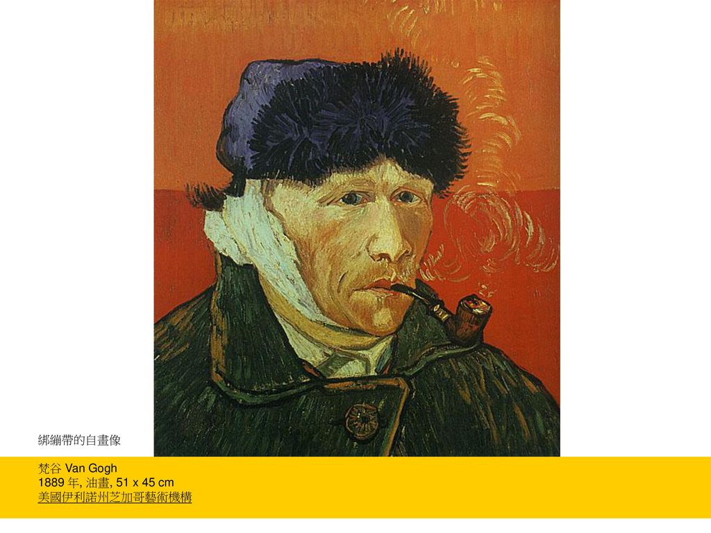 綁繃帶的自畫像 梵谷 Van Gogh 1889 年, 油畫, 51 x 45 cm 美國伊利諾州芝加哥藝術機構