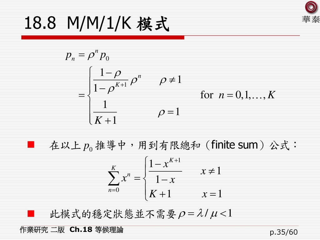 18.8 M/M/1/K 模式 作業研究 二版 Ch.18 等候理論