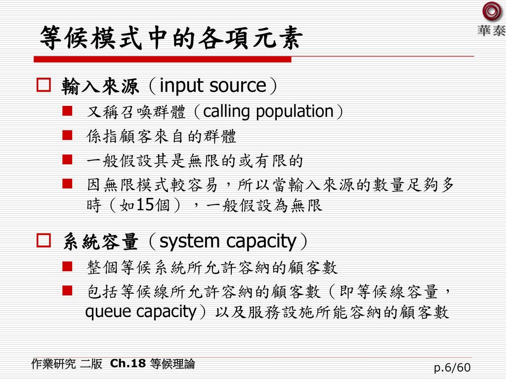 等候模式中的各項元素 輸入來源（input source） 系統容量（system capacity）