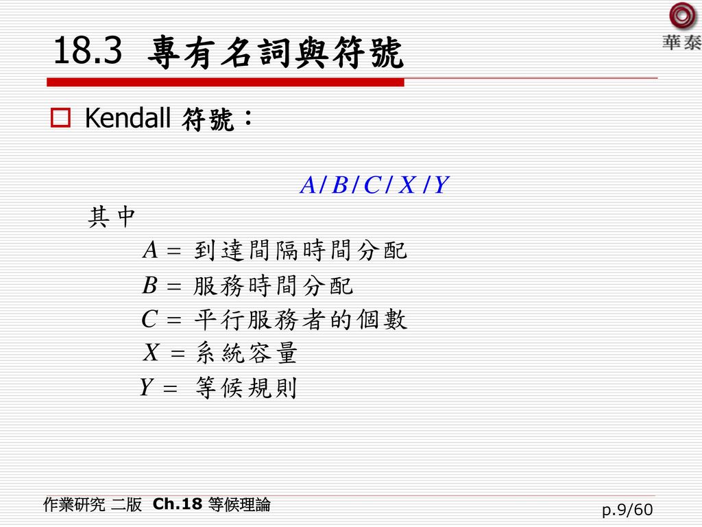 18.3 專有名詞與符號 Kendall 符號： 作業研究 二版 Ch.18 等候理論