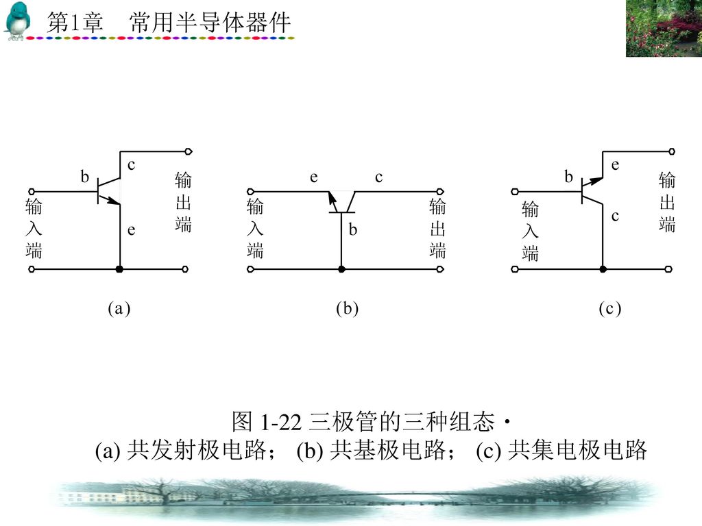 (a) 共发射极电路； (b) 共基极电路； (c) 共集电极电路