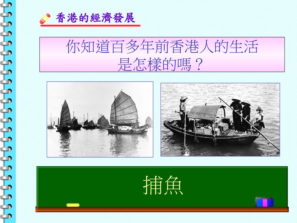 香港的經濟發展 你知道百多年前香港人的生活 是怎樣的嗎？ 他們主要依靠甚麼為生？ 捕魚