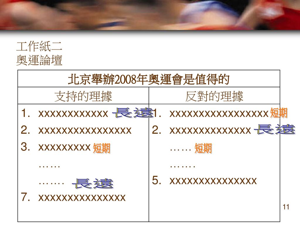 長遠 短期 長遠 短期 短期 長遠 工作紙二 奧運論壇 北京舉辦2008年奧運會是值得的 支持的理據 反對的理據 xxxxxxxxxxxx
