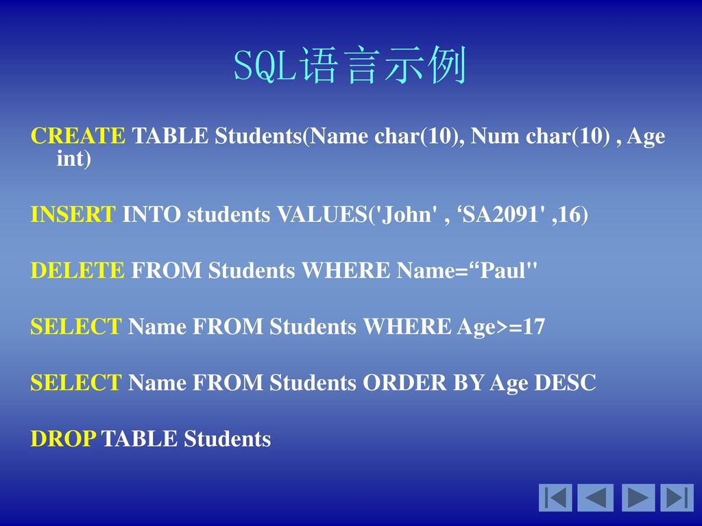 SQL语言示例 CREATE TABLE Students(Name char(10), Num char(10) , Age int)