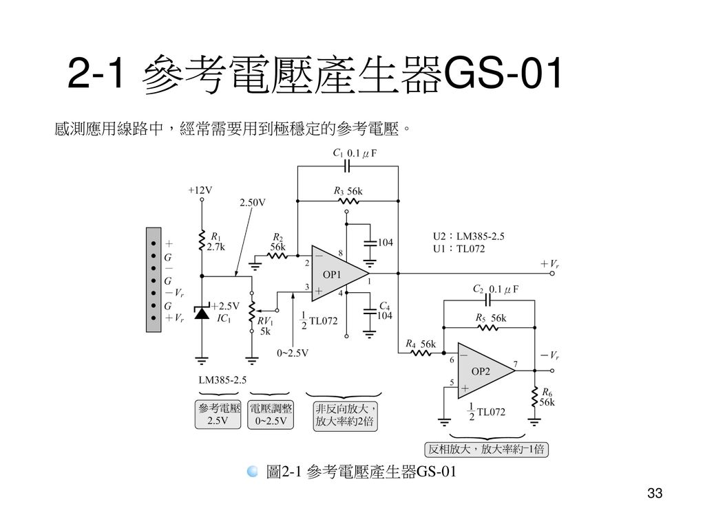 2-1 參考電壓產生器GS-01 感測應用線路中，經常需要用到極穩定的參考電壓。 圖2-1 參考電壓產生器GS-01