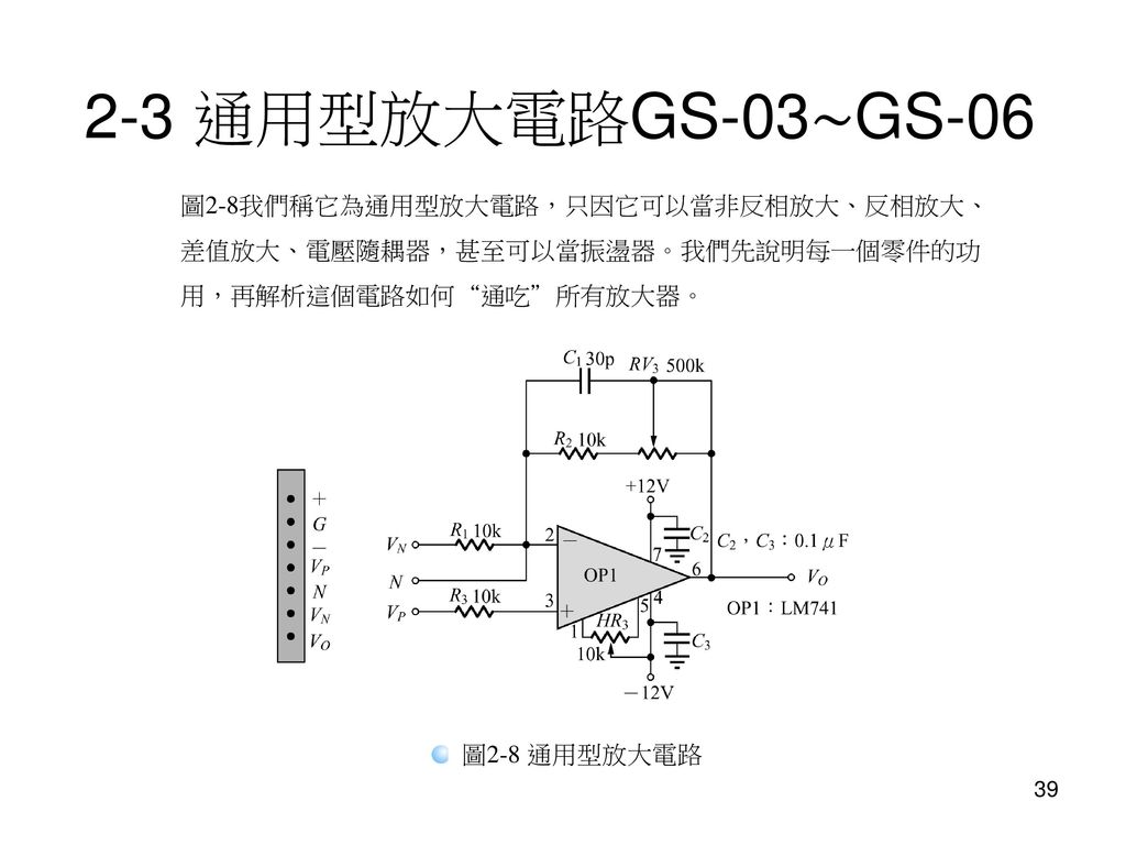 2-3 通用型放大電路GS-03∼GS-06 圖2-8我們稱它為通用型放大電路，只因它可以當非反相放大、反相放大、