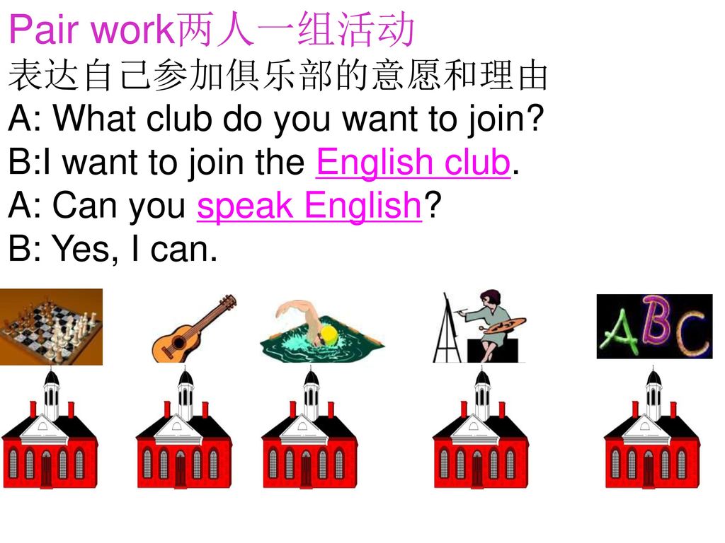 Pair work两人一组活动 表达自己参加俱乐部的意愿和理由 A: What club do you want to join