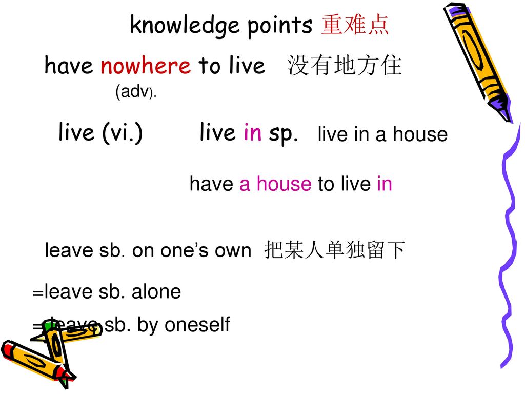 have nowhere to live 没有地方住 live (vi.) live in sp.