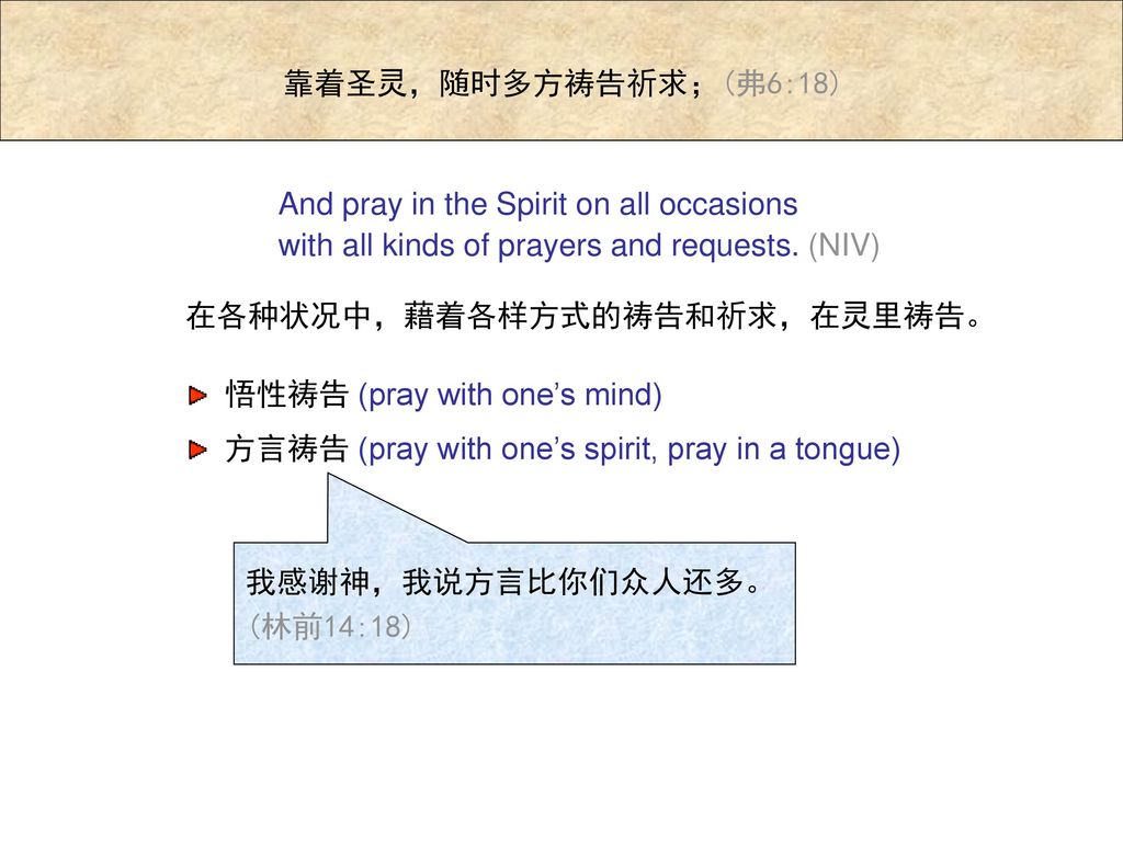 在各种状况中，藉着各样方式的祷告和祈求，在灵里祷告。